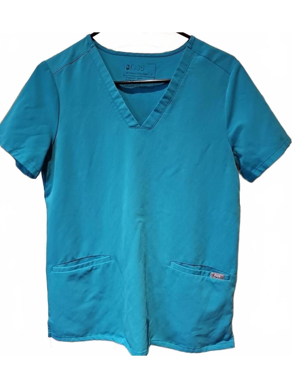 FIGS Casma Scrub Top Womens S Turquoise Stretch V Neck FW1100 Two Pocket EUC